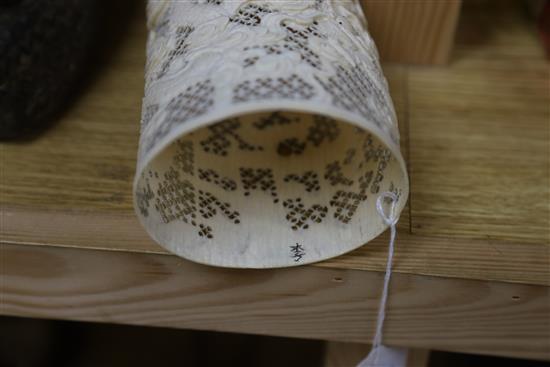 A pierced ivory dragon brush pot, height 21cm